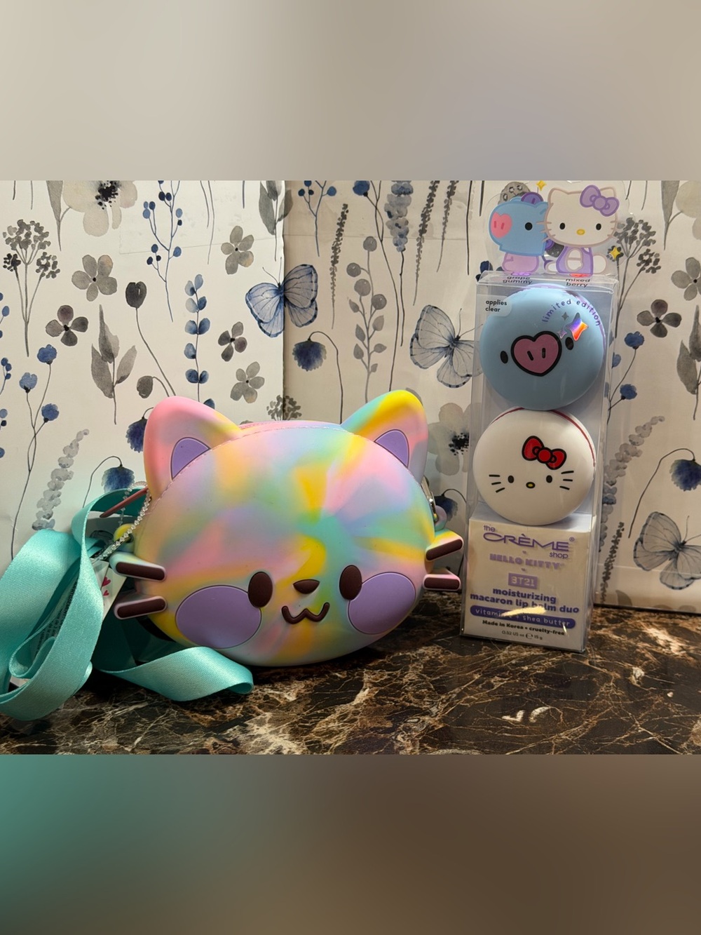 Claire's Pastel Rainbow Cat Crossbody Bag with Hello Kitty Lip Balm Duo